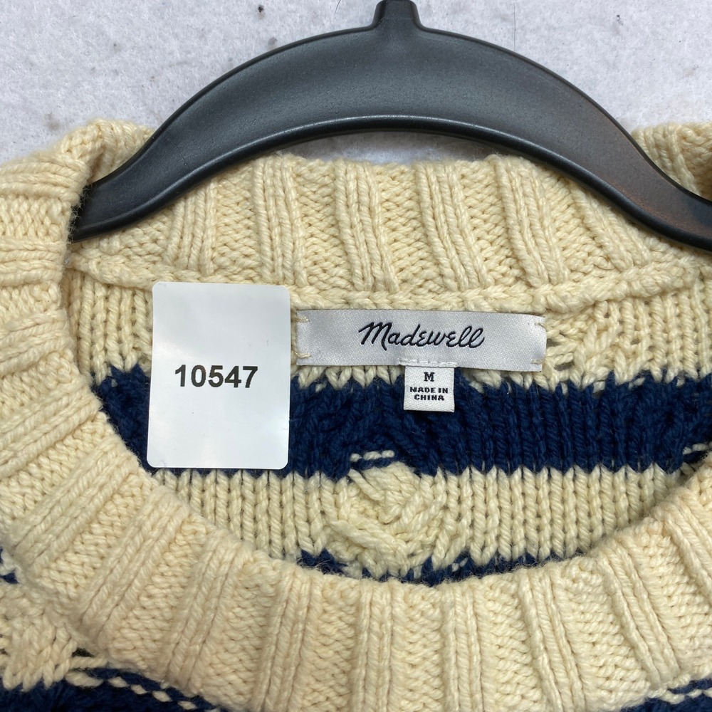 Madewell Sweater Womens Medium Navy Blue Cream Striped Cable Knit CottonCKP480 - Picture 7 of 9